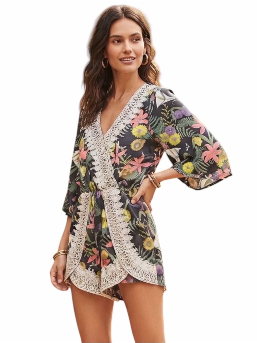 I. Madeline Boho Floral Wrap Romper Kimono Sleeve Lace Trim Size Small